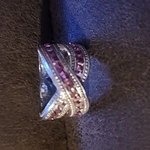 Elegant Silver and Pink Breast Cancer Ribbon Ring